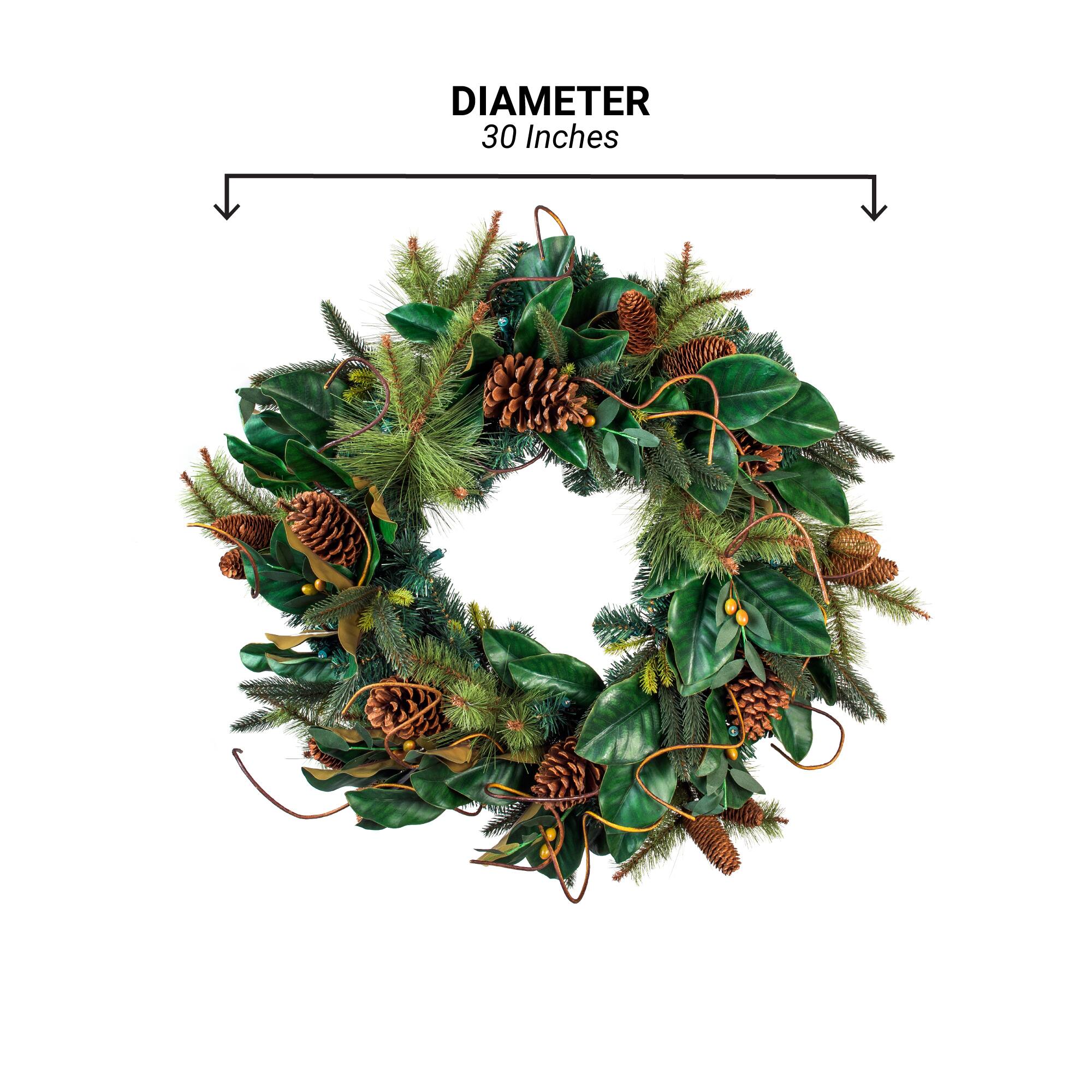 Village Lighting 30" Pre-Lit Magnolia Leaf Christmas Wreath, Clear LED Lights